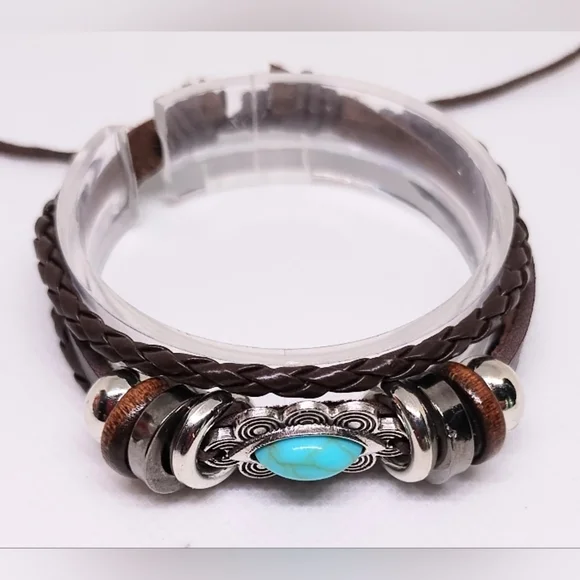 Men's Bracelet Leather Turquoise Braided Layered Brown New F27 - Picture 1 of 1